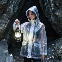 a woman's in a clear hooded rain jacket holding a lantern standing in a dark crystal cave