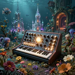 a centered render of intricate modular synthesizer of alice in wonderland, shining its light across a tumultuous sea of flowers, undersea animals and gothic crystal church and mutant robots and vintage house tunnels by dorothea tanning and salvador dali, trending on artstation, cyber punk, high contrast, unreal engine, high detailed, 8 k, - n 4, - i