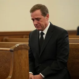 2 0 0 7 john lasseter wearing a black suit and [ [ [ black necktie ] ] ] kneeling at a church pew. his eyes are full of tears, emotional, looks sad and solemn