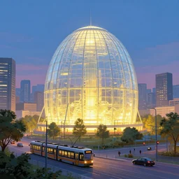 a glowing glass sci - fi nuclear containment building powering the city in a pleasant urban setting with trams and trees and cars by a. j. casson and eric fraser and edwin la dell, sense of hope