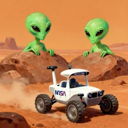 on mars, two green alien Martians are hiding behind rocks, a white nasa rover rolls around, funny matte painting in the style of James Gurney