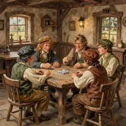 hobbits playing dice in a tavern, by alan lee, intricate, highly detailed furnishings, digital painting, artstation