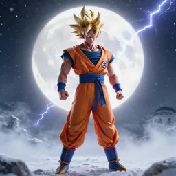 full shot of Dwayne Johnson as a warrior style goku super saiyan at moonlight, snowing, lightning bolt, detailed, unreal engine 4k volumetric light, fog,