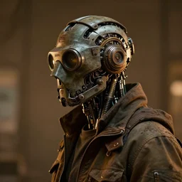 a rugged research engineer man with cybernetic enhancements, detailed camera mask, scifi character portrait by greg rutkowski, esuthio, craig mullins, 1 / 4 headshot, cinematic lighting, dystopian scifi gear, gloomy, profile picture, mechanical, half robot, implants, steampunk, warm colors