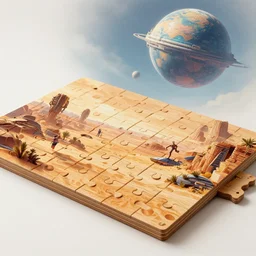 a wooden puzzle with thousands of pieces, a cyberpunk apocalyptic desert scenery with humanoids in a futuristic planet, hypermaximalistic, high details, cinematic, 8 k resolution, beautiful detailed, insanely intricate details, artstation trending, octane render, unreal engine