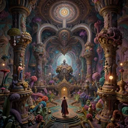 a psychedelic realm collapsing in on itself, in the style of h. r. giger and greg rutkowski and amanda sage, lush, sumptuous, exquisite, elegant, elaborate, rich, ray traced, global illumination, artstation