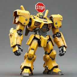 giant mecha gladiator made of plated yellow road signs and a red stop sign on its head, character design trending on artstation, mecha, unreal engine, octane render, detailed model, hardsurface modelling, heavily stylized
