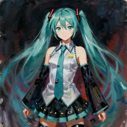 a portrait of hatsune miku by oskar kokoschka and francis bacon, ominous, dark, violent brushtrokes, painterly, thick impasto technique, dynamism, tachisme, movement, violent, very ethereal, 8 0 s vintage anime film still