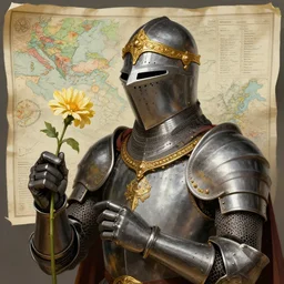 hyperdetailed matte illustration of a knight wearing an ornate gold headpiece and holding a flower with a map of the collective subconscious in the background by john currin
