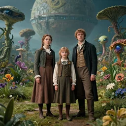 sharp, highly detailed, film from a 2 0 1 9 sci fi 1 6 k movie, set in 1 8 6 0, family standing in a park on a strange alien planet, surrounded by alien plants and flowers, wearing 1 8 6 0 s clothes, good lighting, in focus, reflective eyes, 3 5 mm macro lens, live action, nice composition