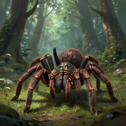 digital painting illustration of horned tarantula - ogre fantasy beast with glowing eyes, standing in the middle of the forest, taller than the trees, high details, great concept art, in bayard wu style