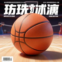 basketball shaped like a cube, basketball court in background, sports magazine cover