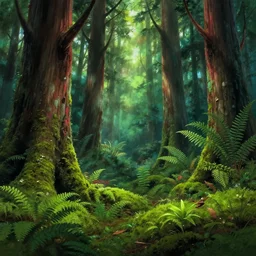 beautiful ancient forest, matte painting, beautifully painted, beautiful lighting, enchanted forest, jeremy lipking, studio ghibli, princess mononoke, 8 k, rays of light, amazing detail, princess mononoke background paintings, hayao miyazaki, kazuo oga, enchanted lighting, high contrast, rule of thirds, bright green moss, japanese woodblock prints, kawase hasui, ferns, redwood forest
