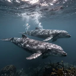 ultra realistic underwater photography, panoramic picture of an ocean floor with large baluga whales. focus on the whales. the whales are anatomically correct and highly detailed. lots of bubbles. seaweed and some rocks. gloomy scattered light entering from the water surface, artstation, 8 k