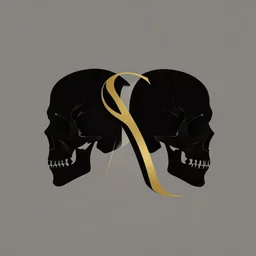 minimalistic illustration of two skulls heading opposite sides, logotype, black and gold color scheme, elegant, classy