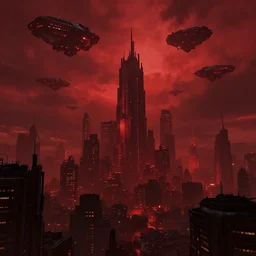 big evil city, dark fantasy, shadows, artstation trending, unreal engine 5, red, invading starships in sky