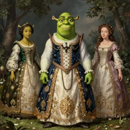 the green ogre fiona from shrek ( 2 0 0 1 ) in the three graces by peter paul rubens ; ornate dress