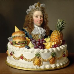 baroque rococo painting 🍇🍍🍔 portrait by Greg Hildebrandt high detail elaborate fancy cake