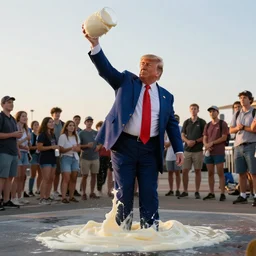 donald trump throwing pudding onto citizens, citizens soaked with pudding, golden hour, boardwalk