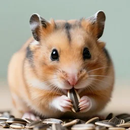 a close-up photo of a hamster eating sunflower seeds