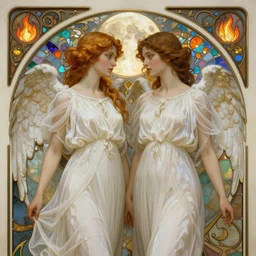 Angels lovers in white gauze dresses, male and female, symmetrical facial features, the glow of the moonlight, fire stainglass, intricate, elegant, highly detailed, digital painting, artstation, concept art, matte, sharp focus, illustration, thin intricate art nouveau frame, art by Artgerm and Greg Rutkowski and Alphonse Mucha