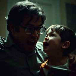 todd solondzas a crazy father in possession by andrzej zulawski, glasses, scared, screaming at boy and crying, seventies film, todd solondz father and son, cinemaic, dramatic, soft light