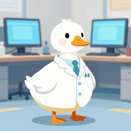 a duck wearing a labcoat, computers in the background, digital art