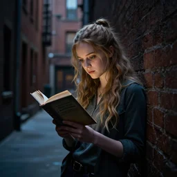 luna lovegood reading a book in a dark alley, photo realistic, new york atmosphere, low light, buildings and bricks