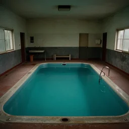 a liminal space of a old 1 9 8 0 s pool, backrooms, eerie, found footage, pool
