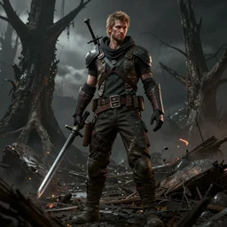 A grimdark comic book style portrait as a post apocalyptic warrior survivalist in a atmospheric dark bombarded landscape with large dead trees, unreal 5, DAZ, hyperrealistic, octane render, RPG portrait, ambient light, dynamic lighting