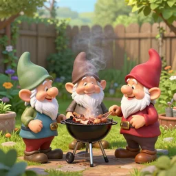 garden gnomes having a barbecue in the backyard, digital art, highly detailed,