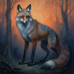 painting of eldritch otherworldly giant fox striking a terrifying pose, scene inside forest, by zdzislaw beksinski, by dariusz zawadzki, by wayne barlowe, gothic, surrealism, cosmic horror, biomorphic, lovecraftian, cold hue's, warm tone gradient background, concept art, beautiful composition