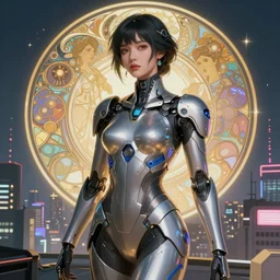 portrait futuristic cyber warrior girl goddess, in future cyberpunk tokyo rooftop, ssci - fi, fantasy, intricate, very very beautiful, elegant, neon light, highly detailed, digital painting, artstation, concept art, smooth, 8 k, sharp focus, illustration, art by alphonse mucha and tian zi and wlop