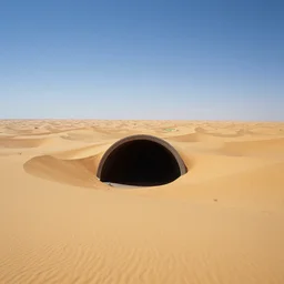 intergalactic stargate portal in the middle of a vast desert, with dunes stretching out as far as the eye can see, and a single oasis in the distance by david hockney