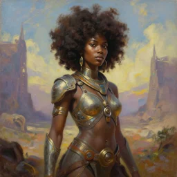 a beautiful oil on canvas of an afrofuturistic warrior, beautiful, detailed, stunning. post - apocalyptic landscape in the background, epic sky, vray render, artstation,, pinterest, sci - fi, afrofuturism, 5 0 0 px models