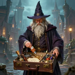 A travelling business wizard who keeps all of his spell components in a suitcase, fantasy city background , style of Boris Vallejo,