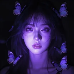 closeup portrait of an ethereal person made of purple light, surrounded by butterflies, dark high-contrast concept art, trending on Artstation