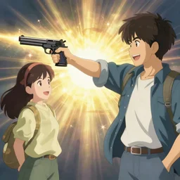 woman shoots man with pistol, cheerful anime illustration by studio ghibli