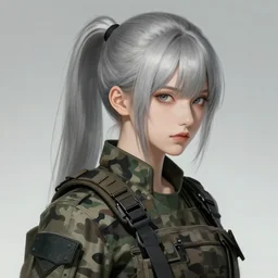 girl, silver hair (ponytail), multicam (camo), trending on artstation, detailed, cinematic portrait, ilustration by (((Yoann Lossel and))) Takehiko Inoue