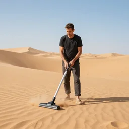 beautiful photograph of a man vacuuming sand in a desert