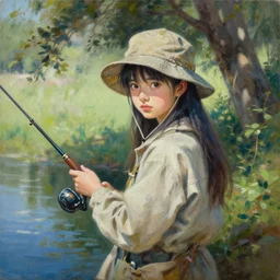 oil painting by ilya kuvshinov, ross draws, artgerm, akira toriyama, eiichiro oda, of a youthful japanese girl, long hair, fishing and wearing fisherman's outfit, fisherman's hat, highly detailed, breathtaking face, studio photography, noon, intense bounced light, water reflection, large tree casting shadow, serine intense sunlight