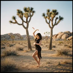 analog photography of a woman dancing in the desert and joshua tree by mark owen. vogue. kodak portra. bokeh!! detailed. hq. warm light. mamiya 7. f / 1. 2, symmetrical balance, in - frame