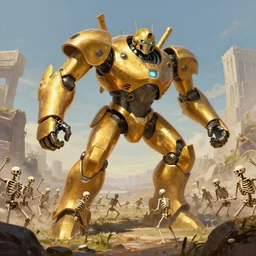 a giant golden robot fighting an army of skeletons, highly detailed landscape, digital painting, artstation, concept art, smooth, sharp foccus ilustration, Artstation HQ
