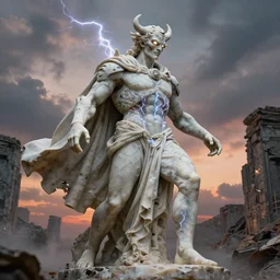 ancient statue of a diabolical marble stone cyborg, wearing torn white cape, dynamic pose, thunder, glowing eyes, post apocalyptic ancient ruins, glowing veins subsurface scattering, in clouds, sunset, portrait, by gerald brom, by mikhail vrubel, by peter elson, muted colors, extreme detail, trending on artstation, 8 k