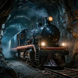 cyberpunk locomotive on railway through deep mine caverns ian mcque beeple noah bradley