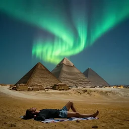 very relaxing wide shot of aurora night at magical pyramids landscape, realistic render, vivid colors