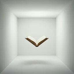 a small open book floating in the middle of a cubic big white room with no objects, misterious, still from movie by stanley kubrick