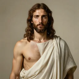 Olive skin, Mediterranean man, style of Jesus Christ, Wooly, coarse brown hair, masterpiece, wearing toga. Ultra photo realistic, realism, 4k