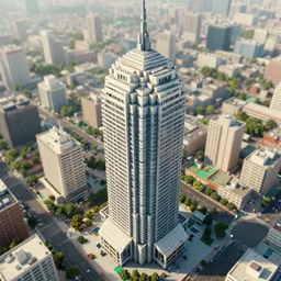 Skyscraper made out of gigantic Legos. Octane 3D render. 35mm photograph, f22 crisp focus, beautiful weather, aerial photograph. Award winning photography.