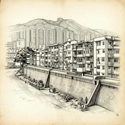 sketches of kowloon walled city drawn by leonardo davinci on coffeestained paper, highly detailed, clean lines,